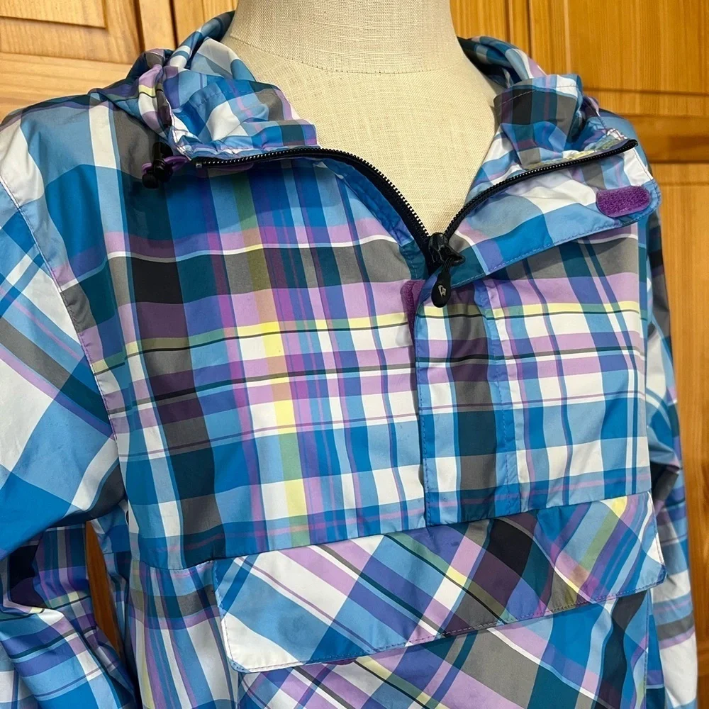 Nike Small Pullover Windbreaker Hooded Blue Plaid Lightweight